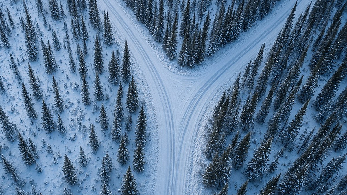 Aerial view of a snowy road forking in two through frosted forest